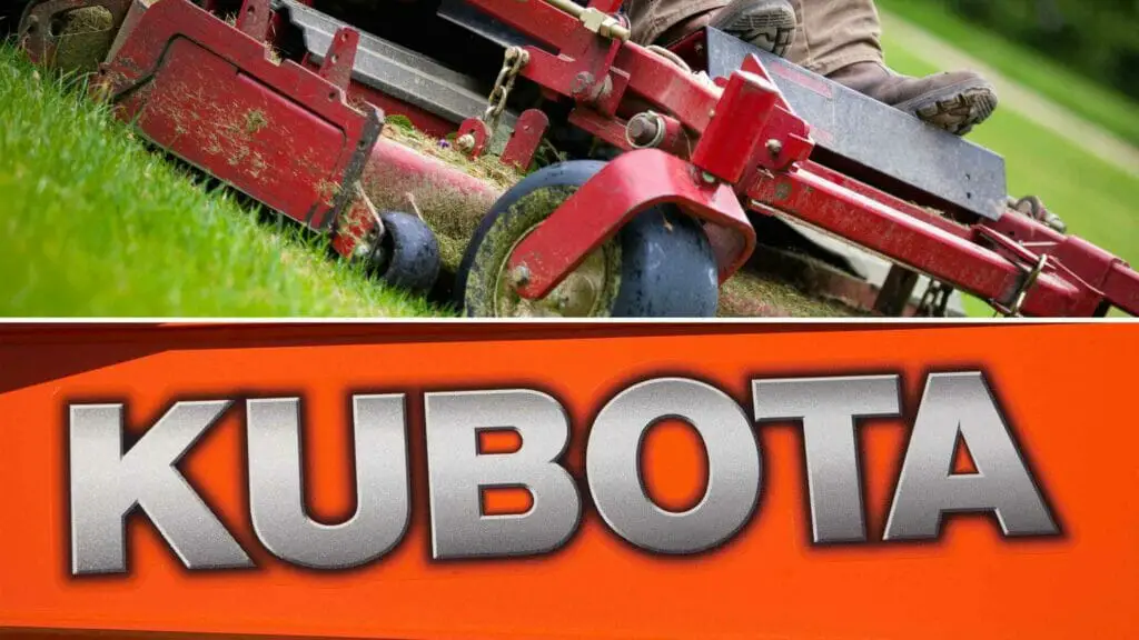 Photo of a person mowing the lawn with a kubota zero turn mower and the kubota logo below. Kubota Zero Turn Mower Problems