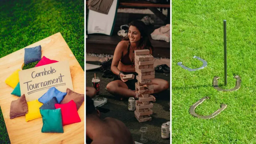 Photo of cornhole game, a girl playing giant jenga and the horseshoes game.