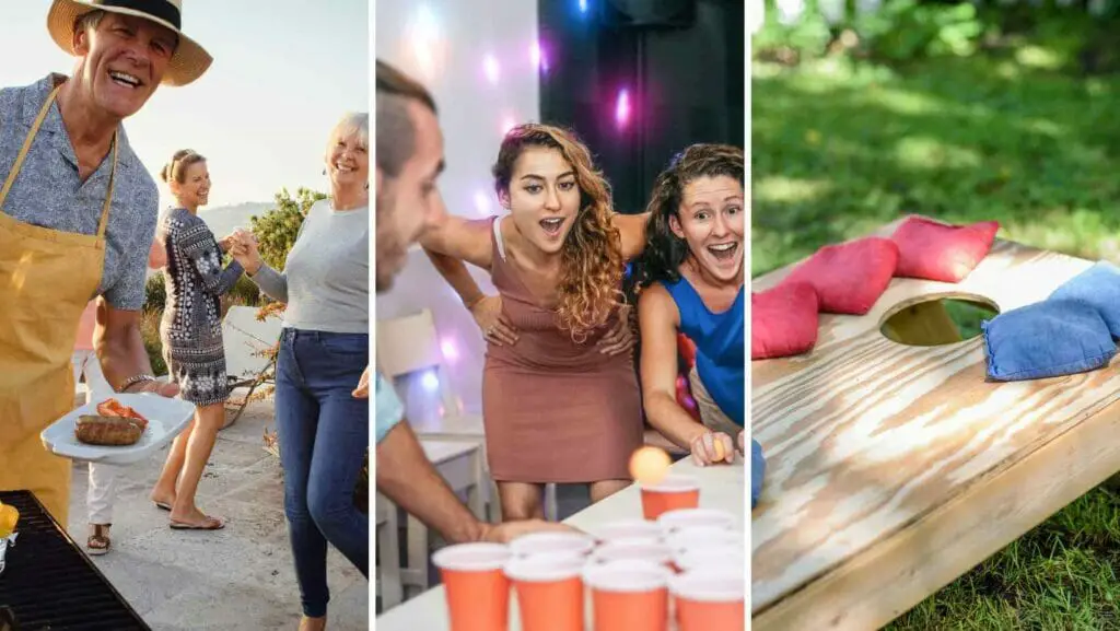 Photo of adults grilling some bbq and another of adults playing beer pong, and a photo of Cornhole game sandbags near the hole. BBQ games for adults.