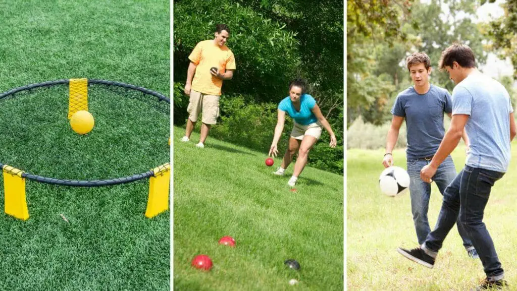 Photo of a Spikeball net and the ball on top. People playing Bocce ball, and two friends playing kickball.