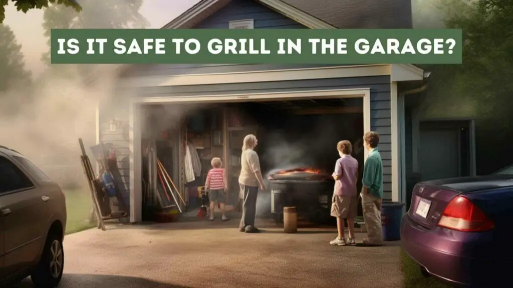 Photo of a family grilling in the garage with the door open, but with lots of smoke building up and monoxide carbon. Is it Safe to Grill in the Garage?