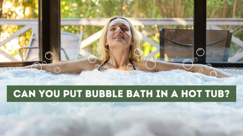Photo of a woman laying on a hot tub with bubbles all around her. Can You Put Bubble Bath in a Hot Tub?