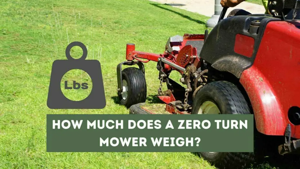 Photo of a zero turn mower and a weight by its side. How Much Does a Zero Turn Mower Weigh?