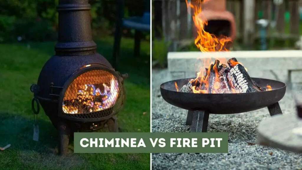 Photo of a chimea on the left and a fire pit on the right. Chiminea vs Fire Pit