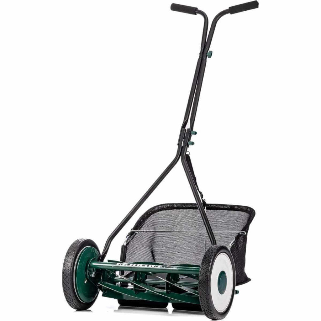 Photo of a green and black American Lawn Mower Company 16-inch 7-Blade Reel Mower with Grass Catcher on a white background.