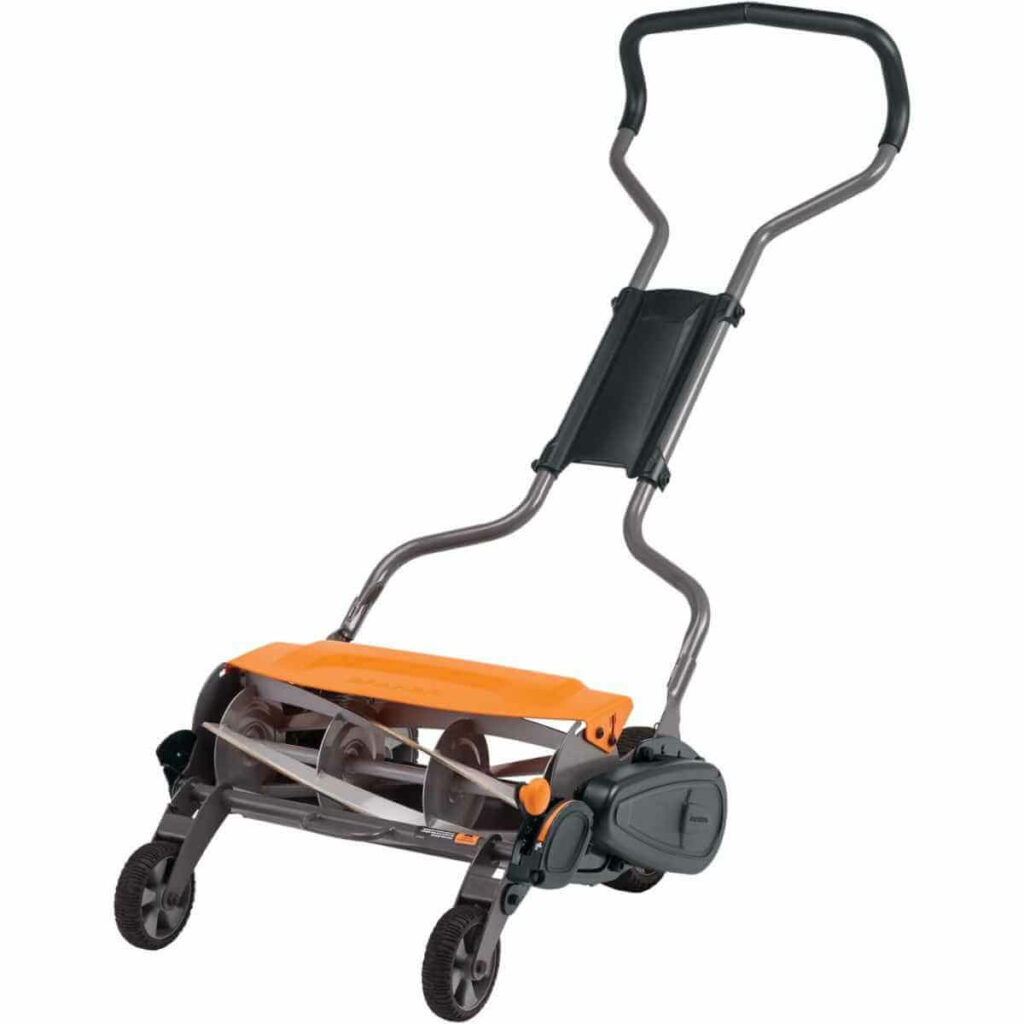 Photo of a Fiskars StaySharp Max Reel Push Lawn Mower with an orange cover and on a white background.