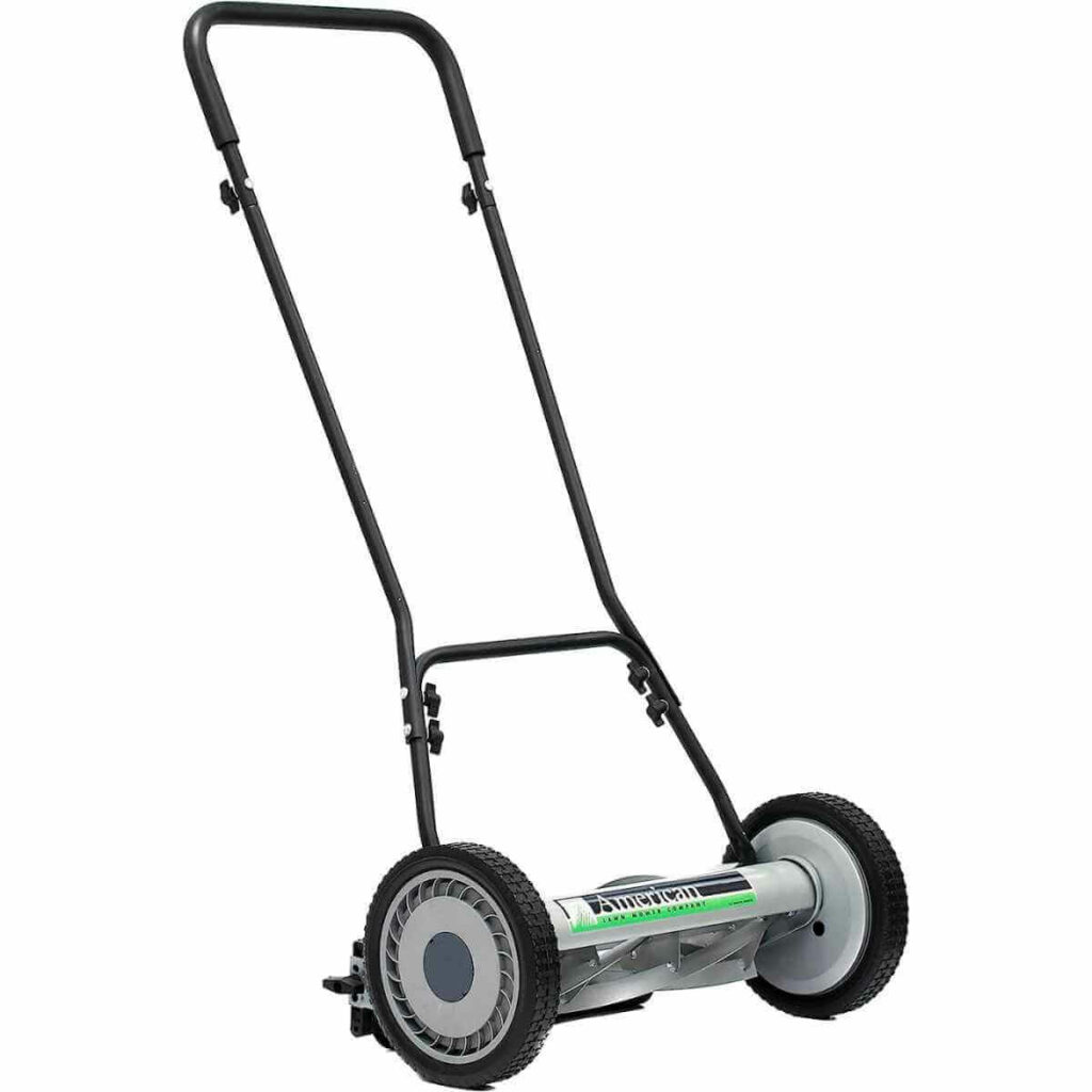 Photo of a silver American Lawn Mower 18-Inch 5-Blade Reel Lawn Mower on a white background.