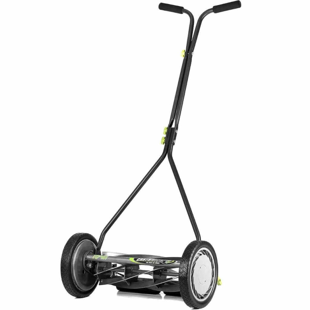 Photo of a Earthwise Power Tools by ALM 16-Inch 7-Blade Push Reel Lawn Mower on a white background.