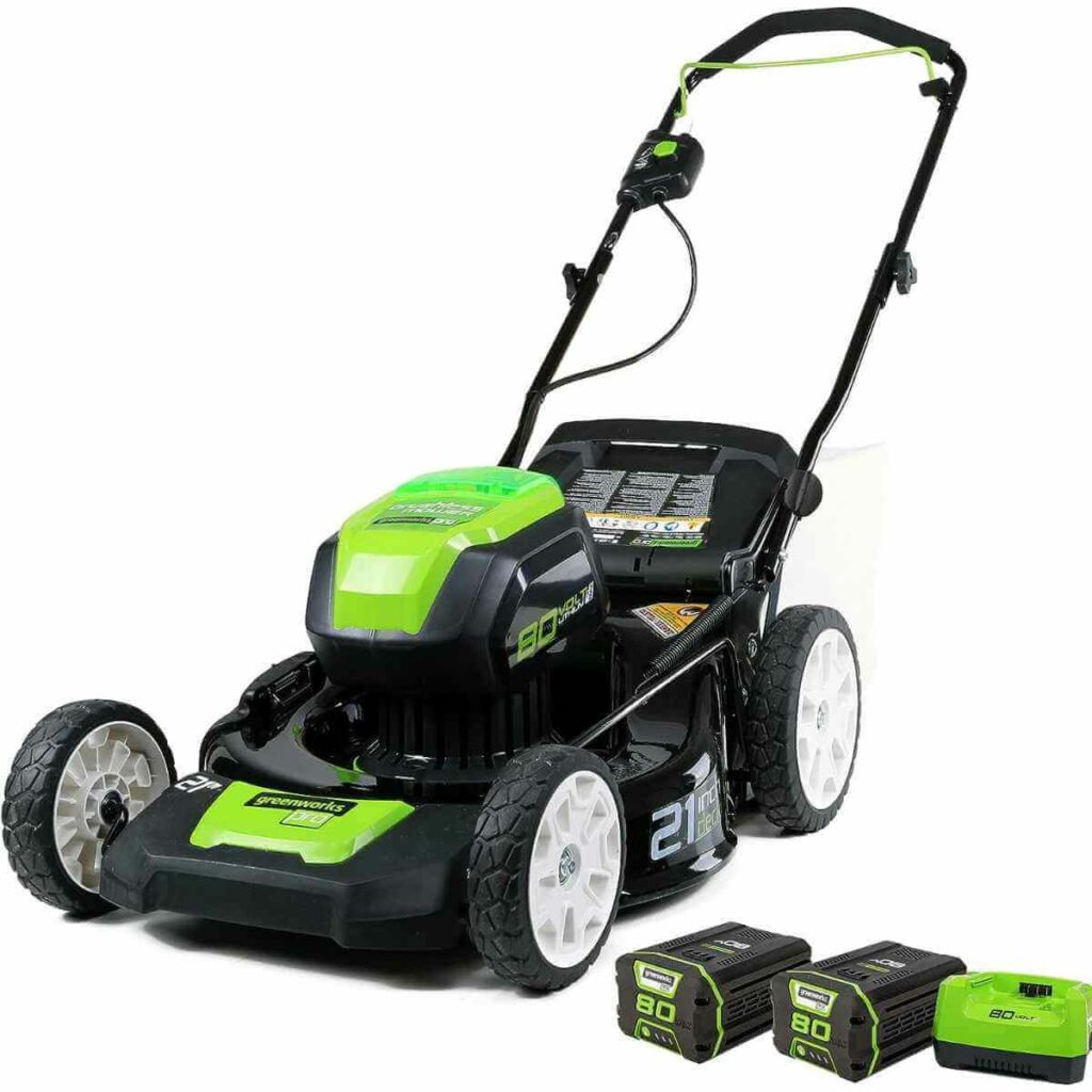 Photo of a Greenworks Pro 80V 21" Brushlexss Cordless Lawn Mower on a white background.
