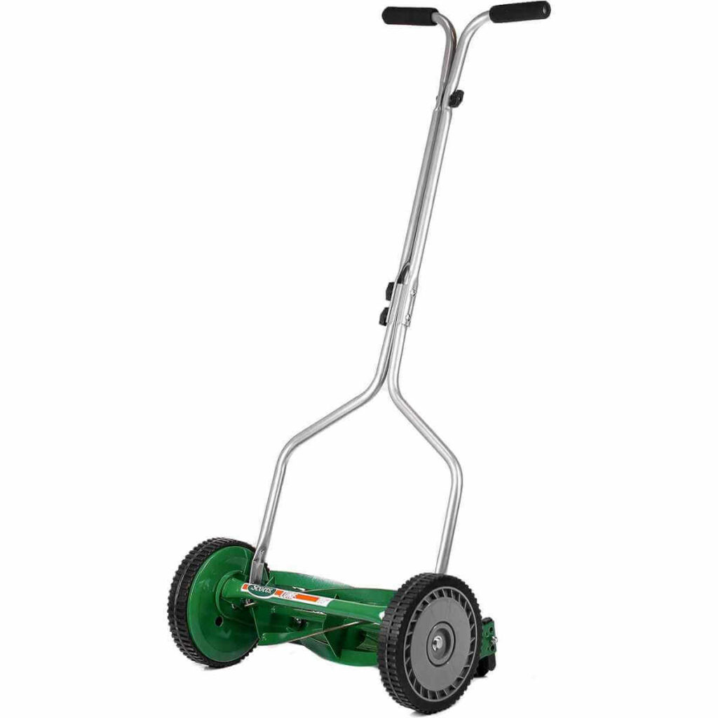 Photo of a Scotts Outdoor Power Tools 14-Inch 5-Blade Push Reel Lawn Mower on a white background.