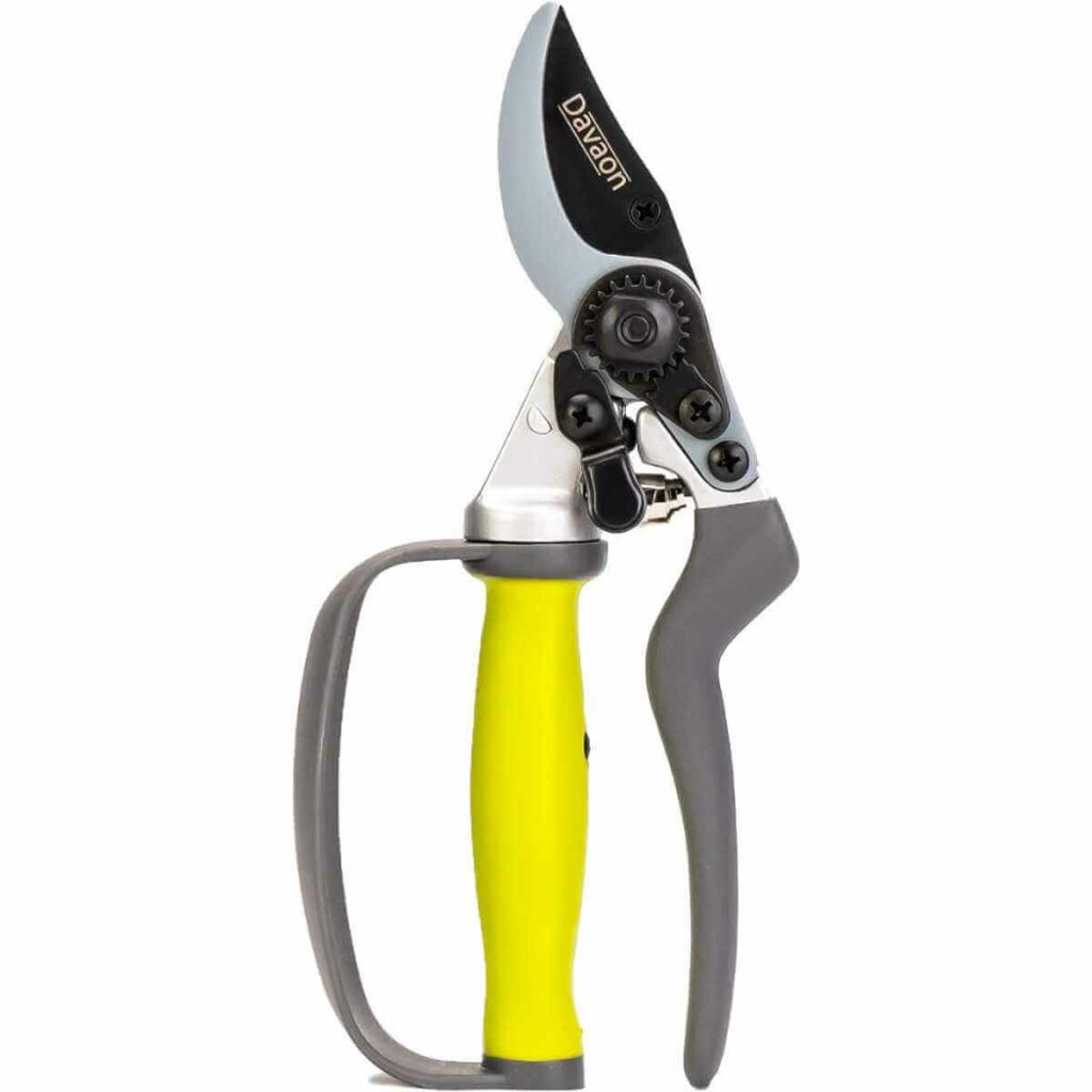 Photo of a gray and yellow Davaon Pro Bypass Pruning Shears on a white background.