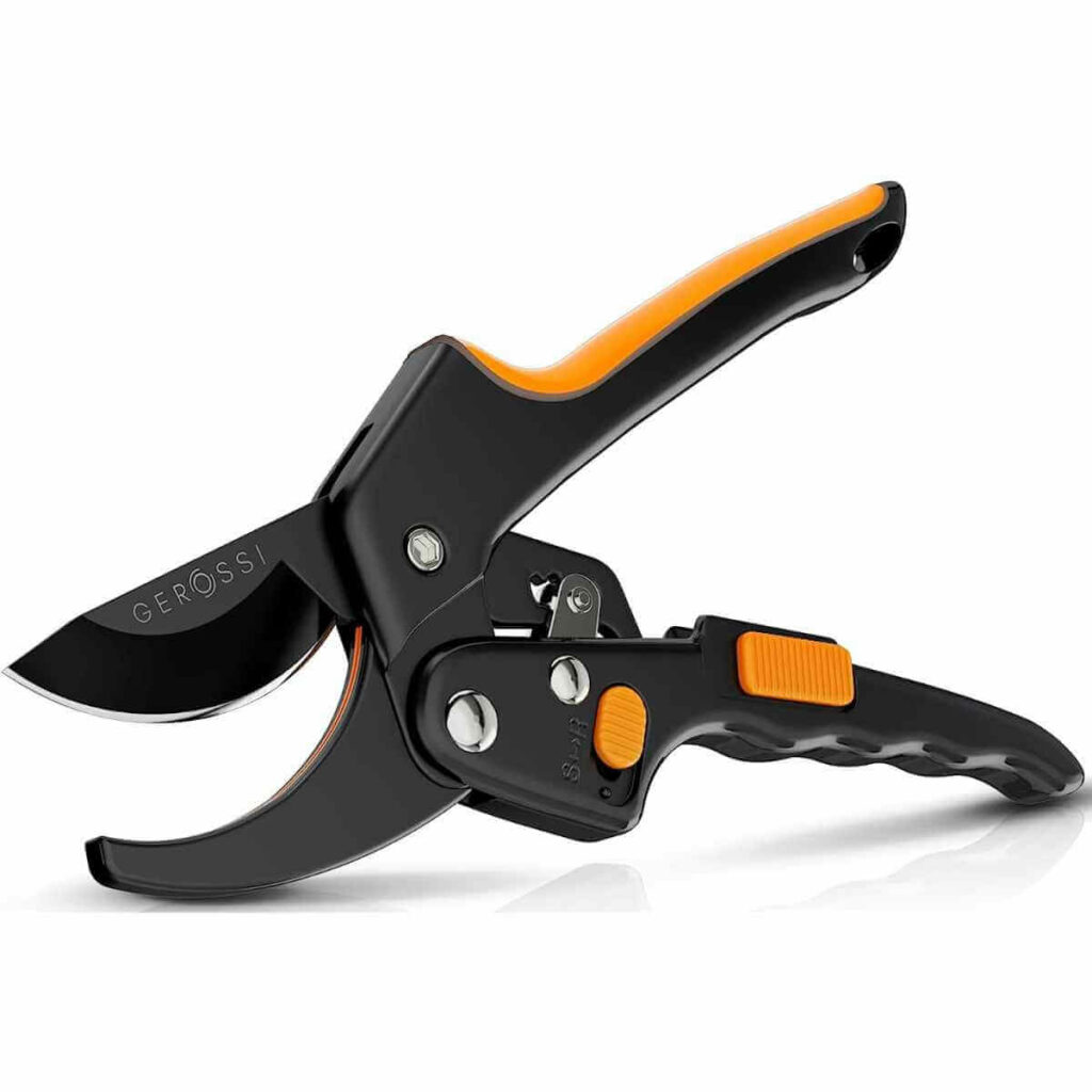 Photo of a black and orange GEROSSI Ratchet Pruning Shears on a white background.