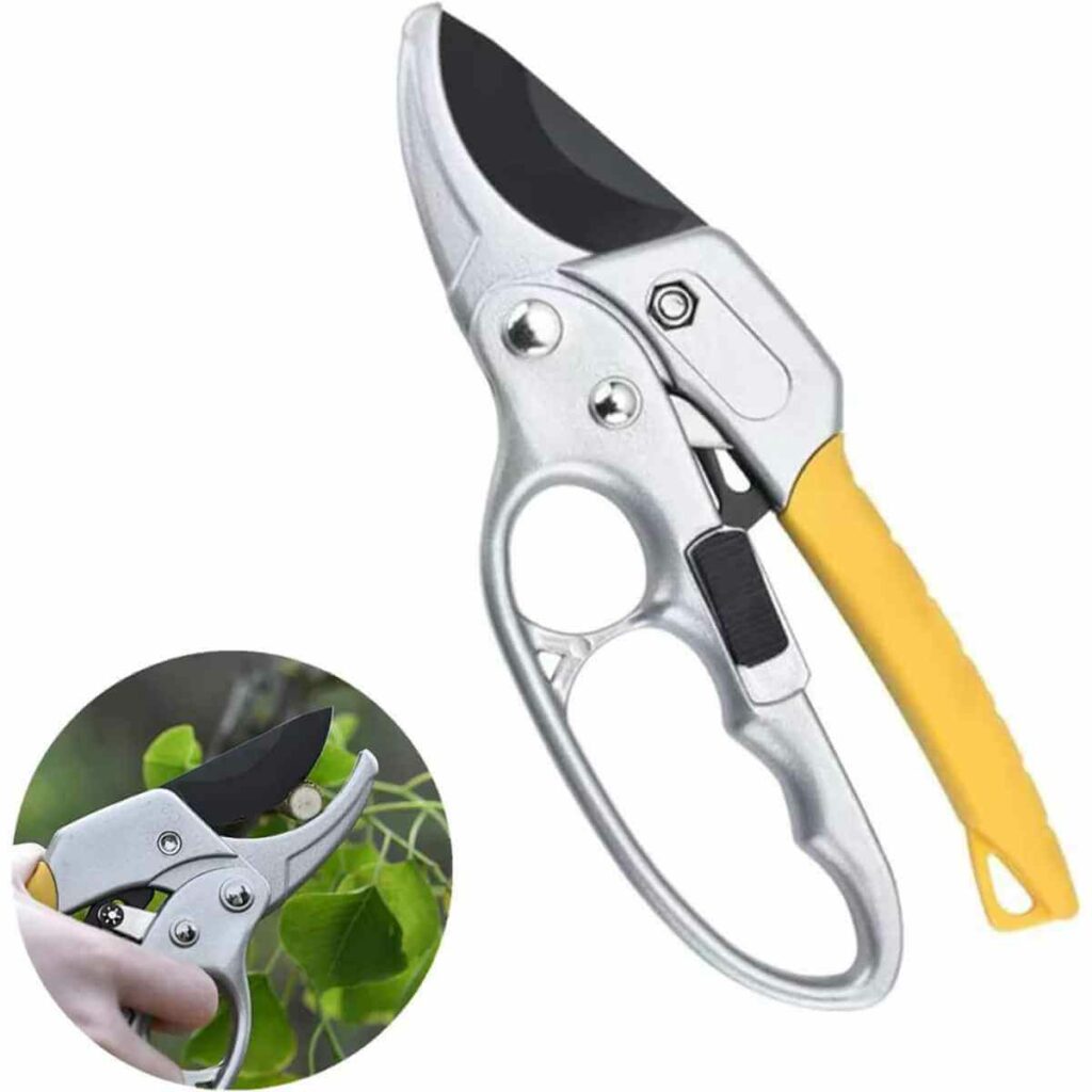 Photo of a silver and yellow PINHOU Premium Bypass Pruning Shears on a white background.