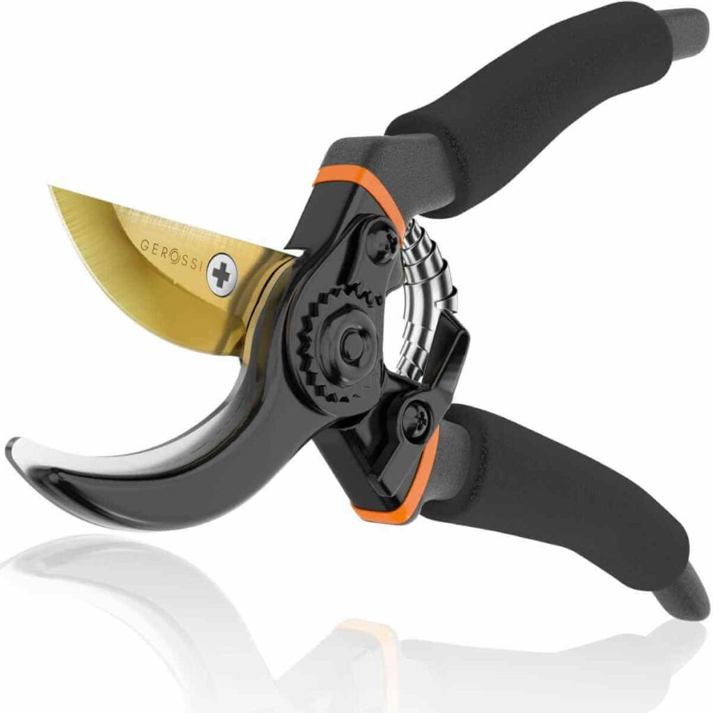 Photo of a black with a golden blade GEROSSI Premium Bypass Pruning Shears in the open position and on a white background.