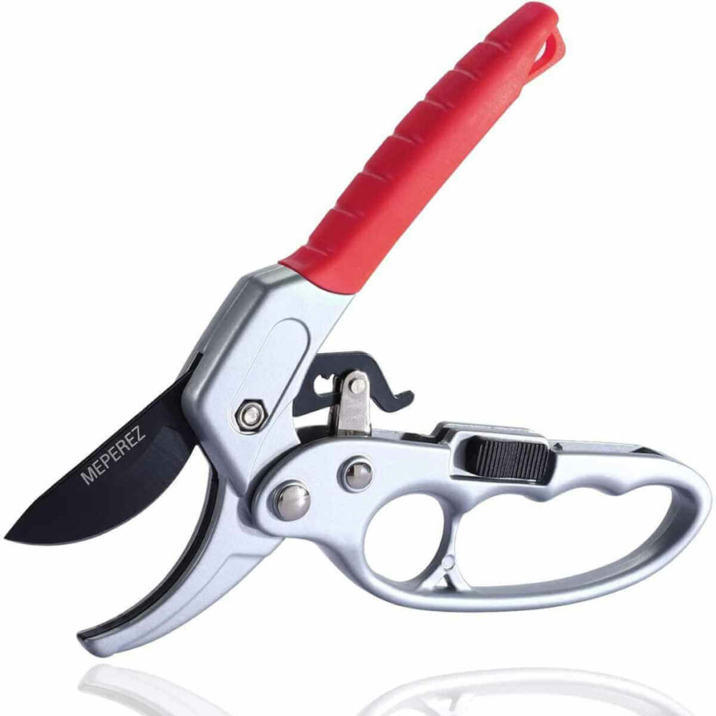 Photo of a silver with red rubber handle and black blade MEPEREZ German-style pruning shears for gardening on a white background.