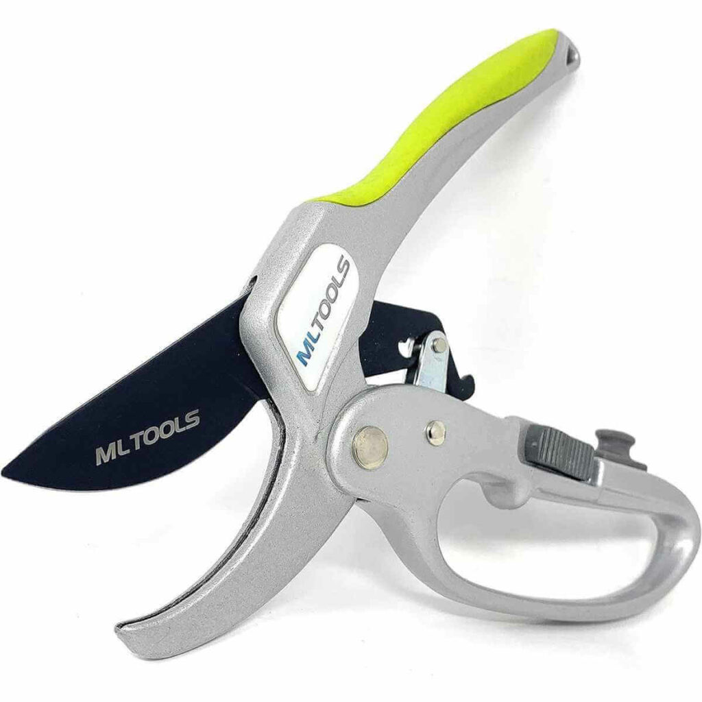 Photo of a silver with neon green rubber in the handle and black blades MLTOOLS Ratcheting Bypass Pruning Shears on a white background.