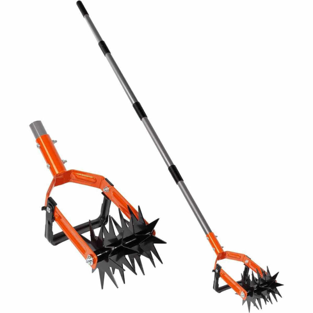 Photo of a silver, black and orange Walensee Rotary Cultivator Tool on a white background.