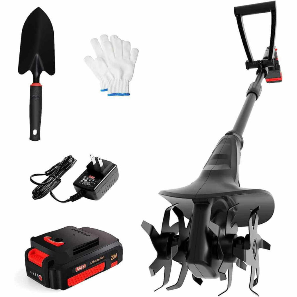 Photo of a black MZK Cordless Tiller Cultivator with a battery, charger, gloves and a gardening shovel on a white background.