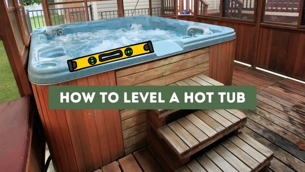 Photo of a crooked hot tub with a level on top of it. How to Level a Hot Tub