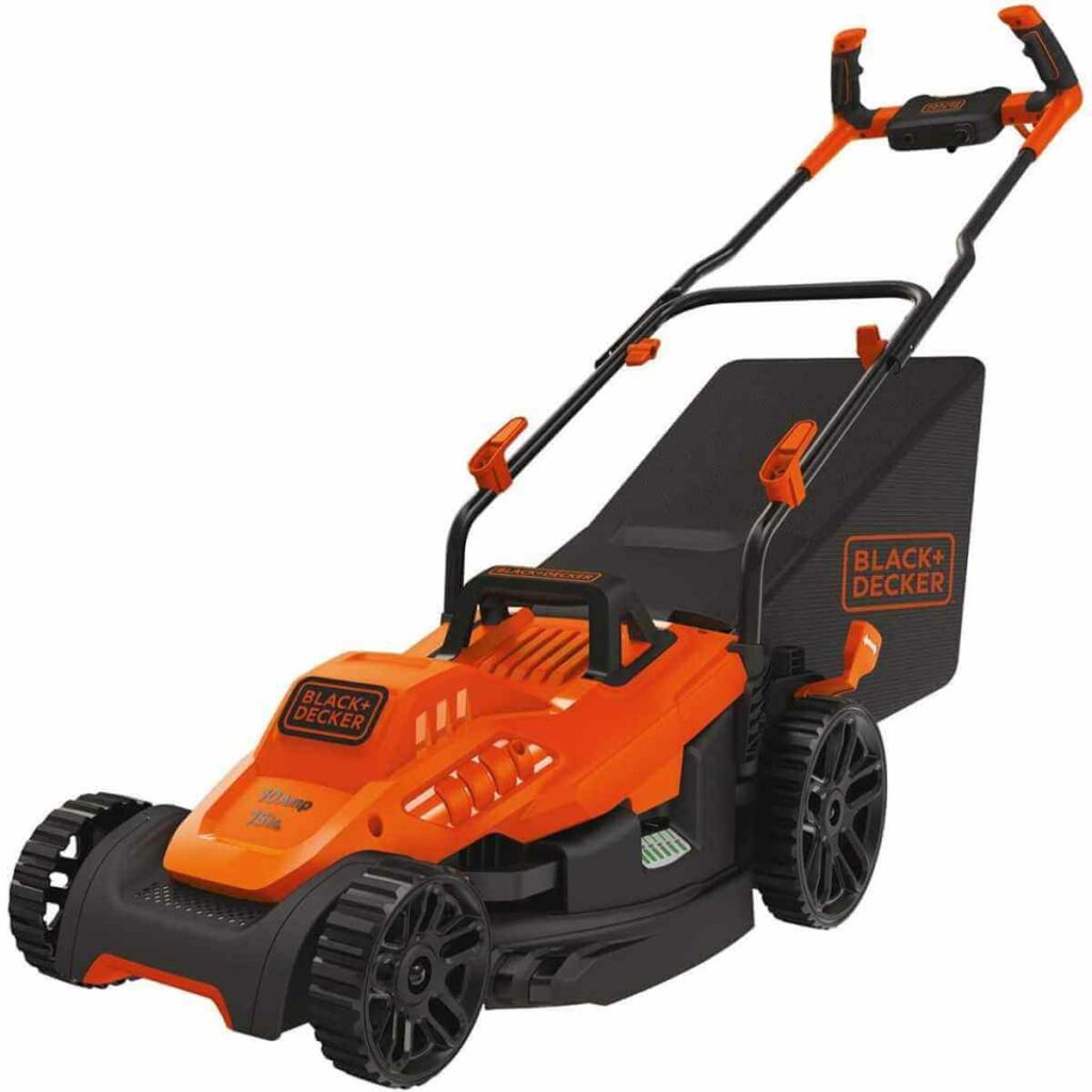 Photo of an orange and black BLACK+DECKER Electric Lawn Mower on a white background.