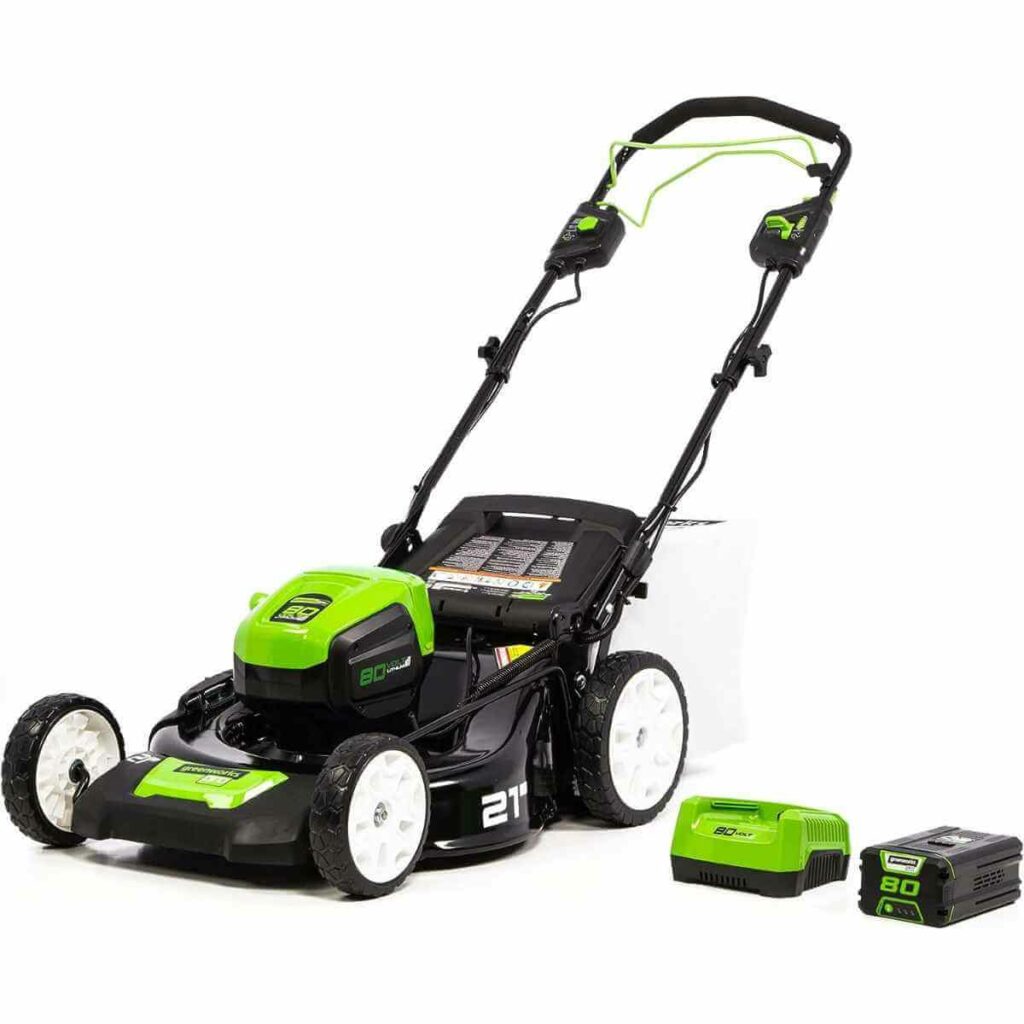 Photo of a black and green Greenworks Pro 80V 21-Inch Brushless Self-Propelled Lawn Mower on a white background.
