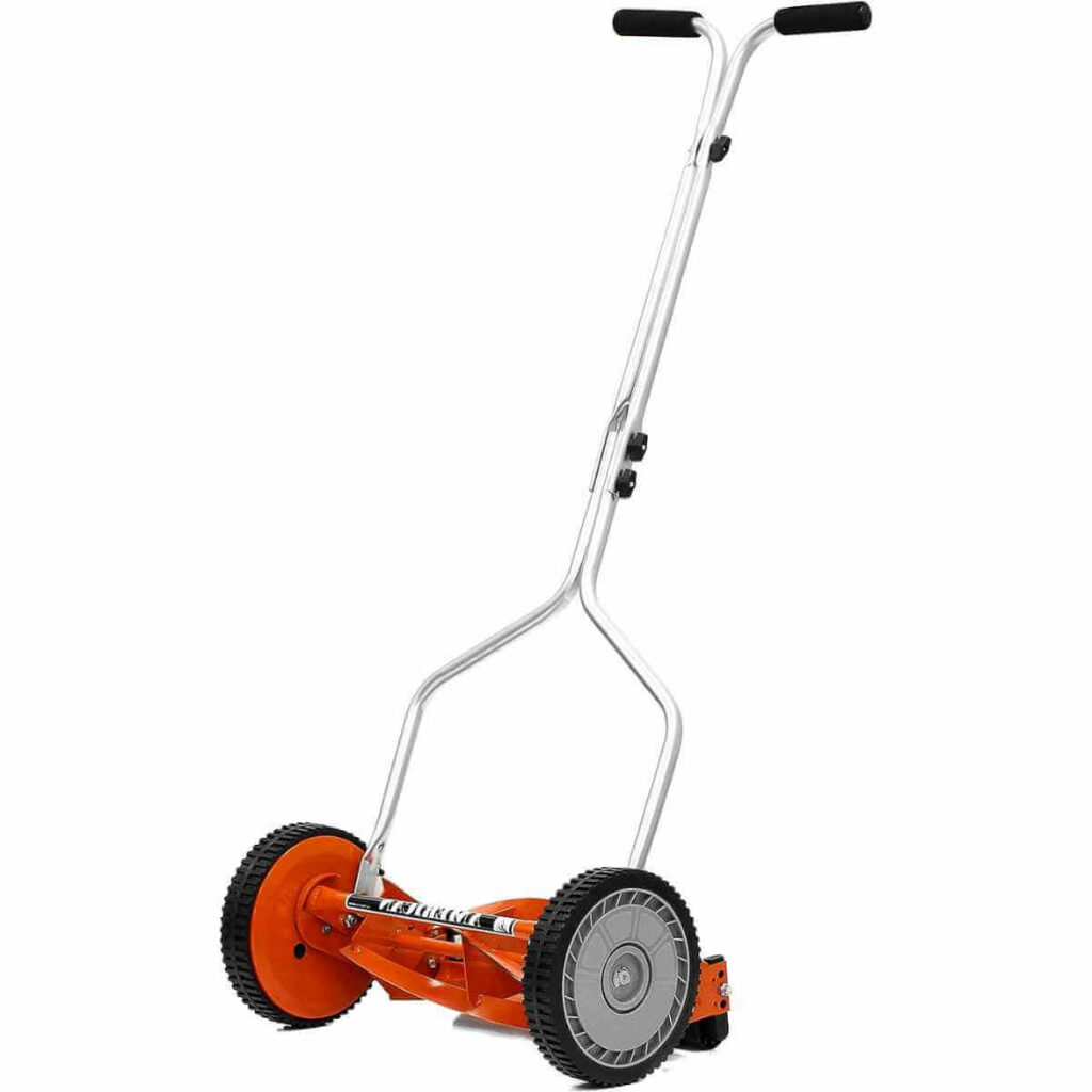 Photo of a red American Lawn Mower Company Red 14-Inch, 4-Blade Mower on a white background.