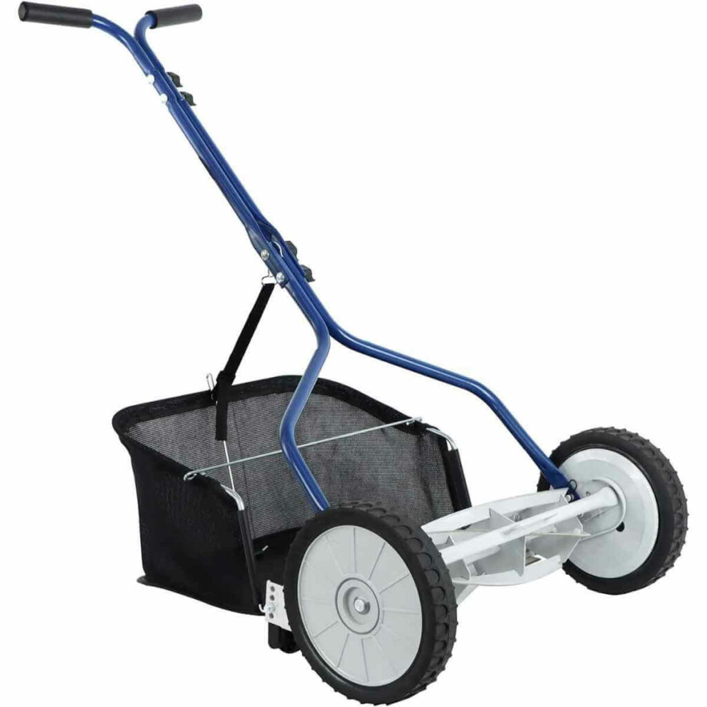 Photo of a blue Amazon Basics 18-Inch 5-Blade Push Reel Lawn Mower with Grass Catcher on a white background.