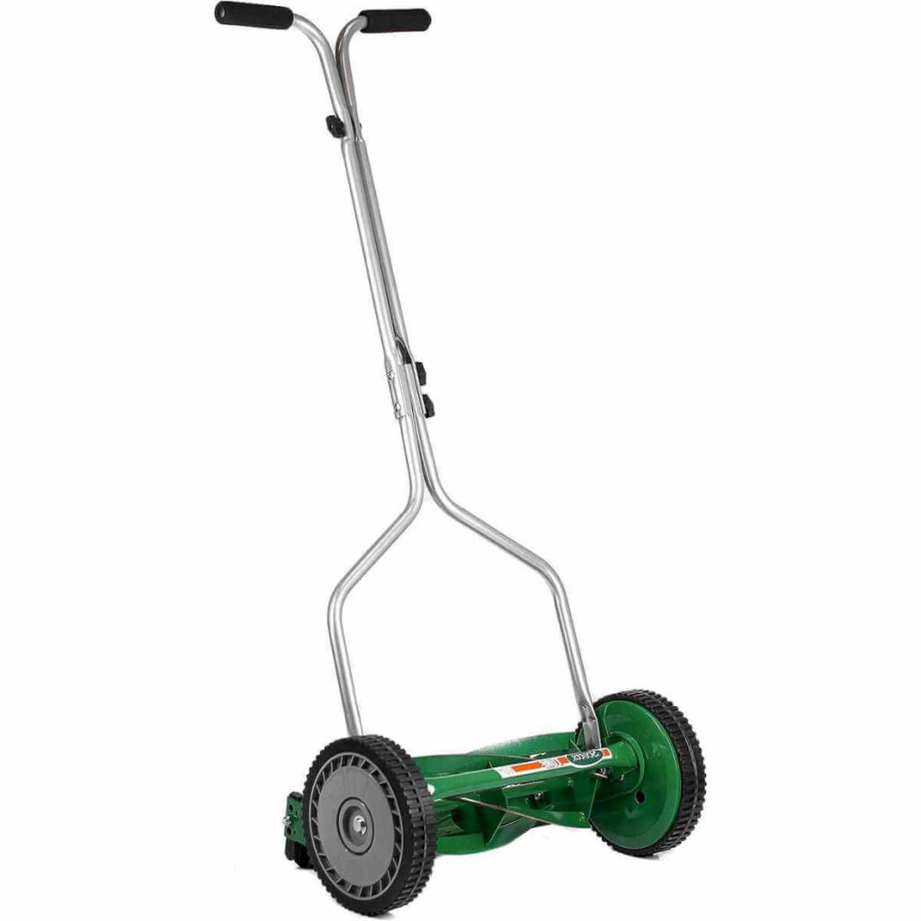 Photo of a Scotts Outdoor Power Tools Green Lawn Mower 14-Inch, 5-Blade on a white background.