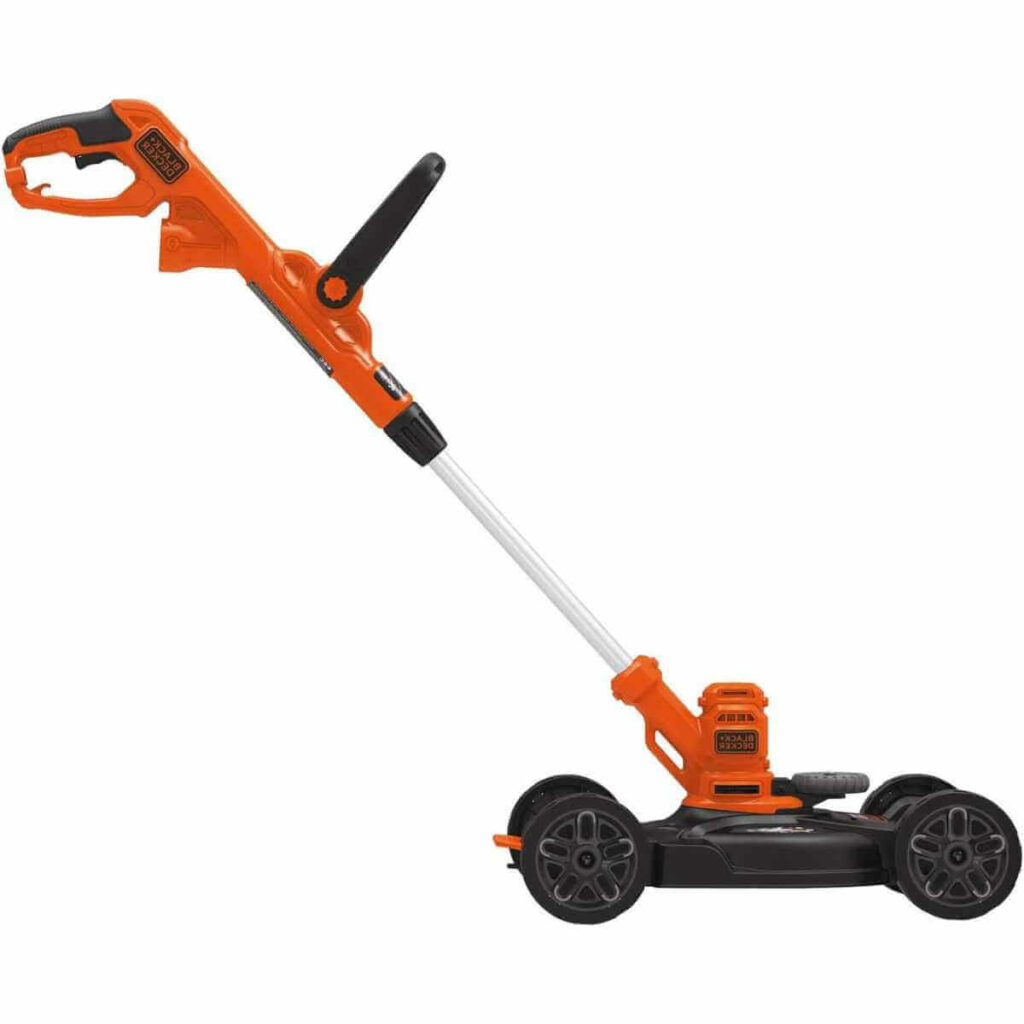 Photo of an orange BLACK+DECKER Electric Lawn Mower, String Trimmer, Edger, 3-in-1, Corded on a white background.