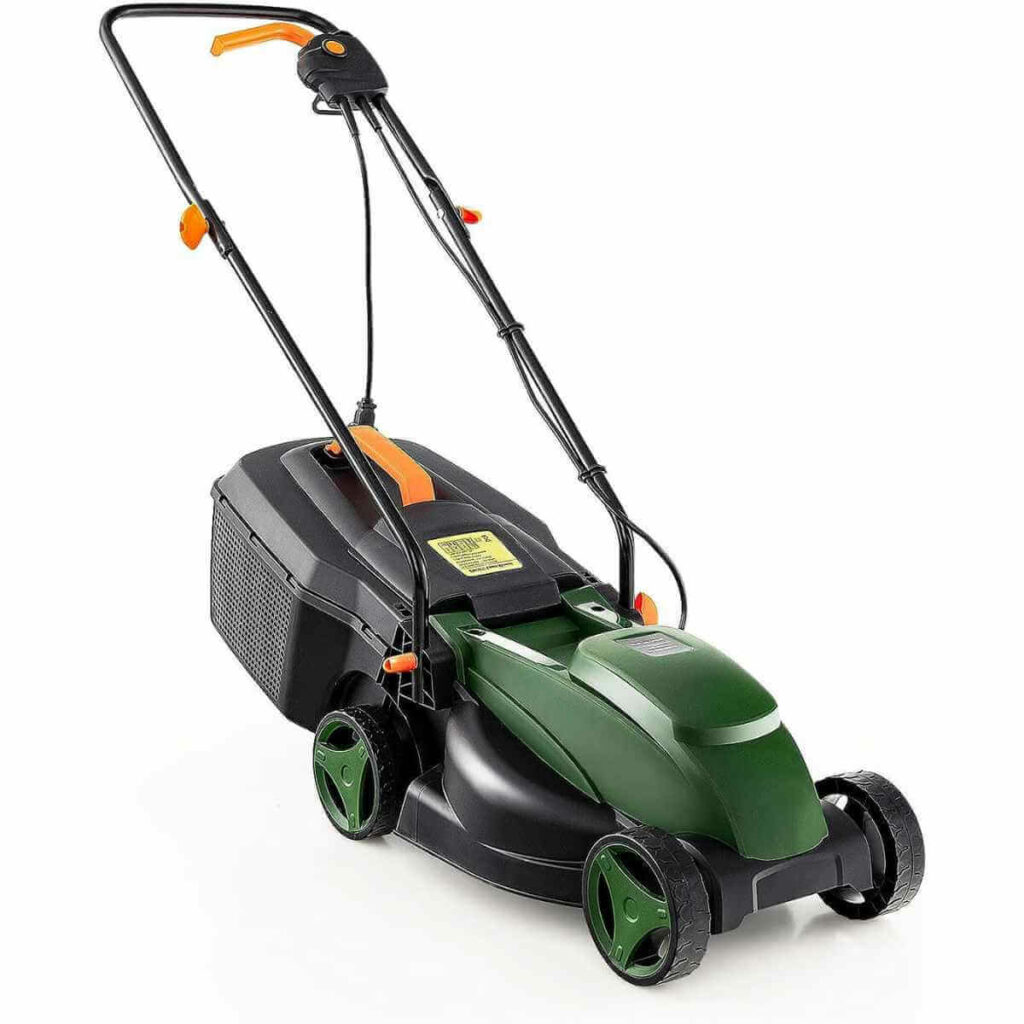 Photo of a green and black Goplus Electric Lawn Mower on a white background.